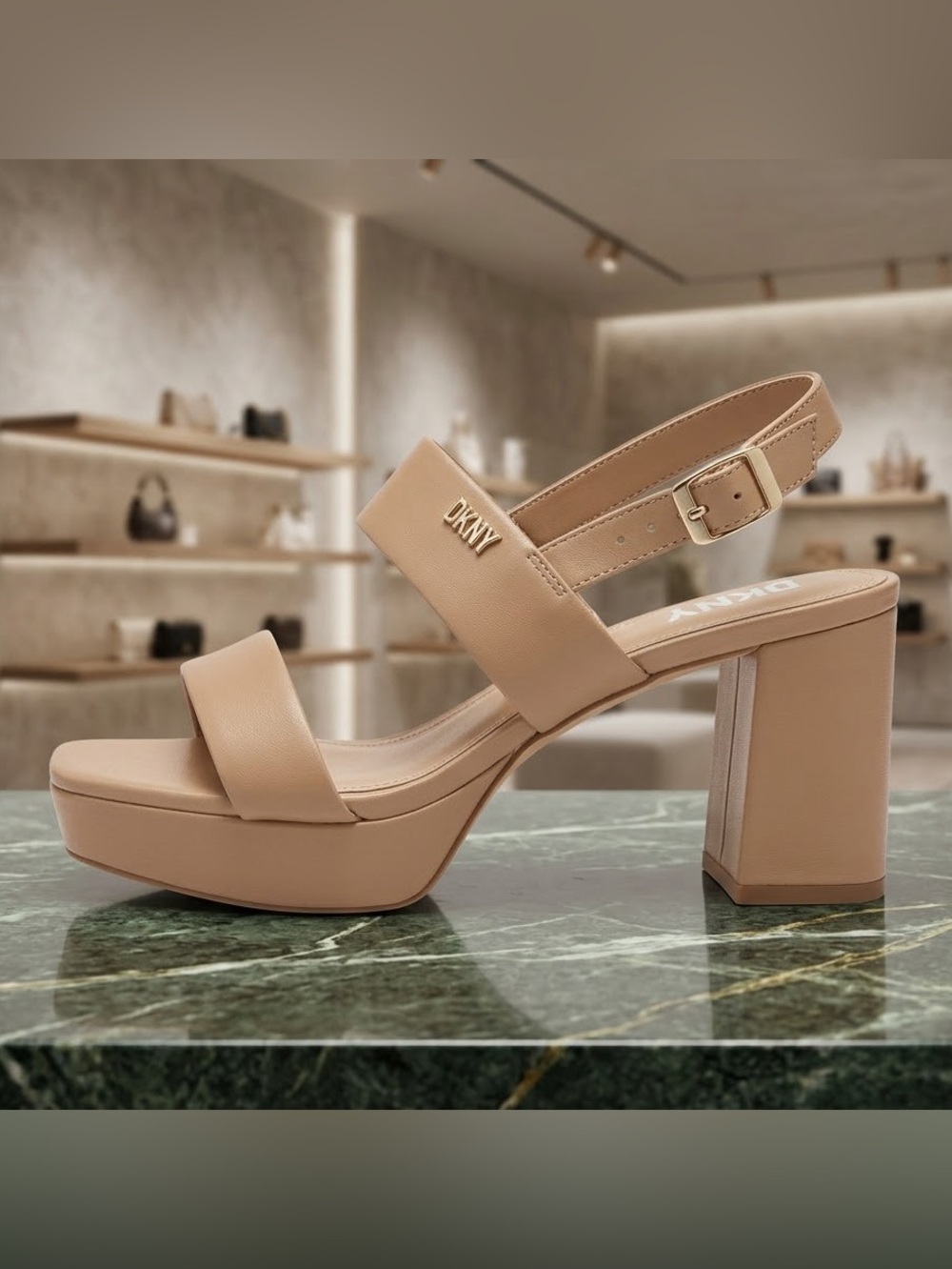 DKNY Shila Beige Nude Strappy Block Heel Platform Sandals Size 8M Excellent